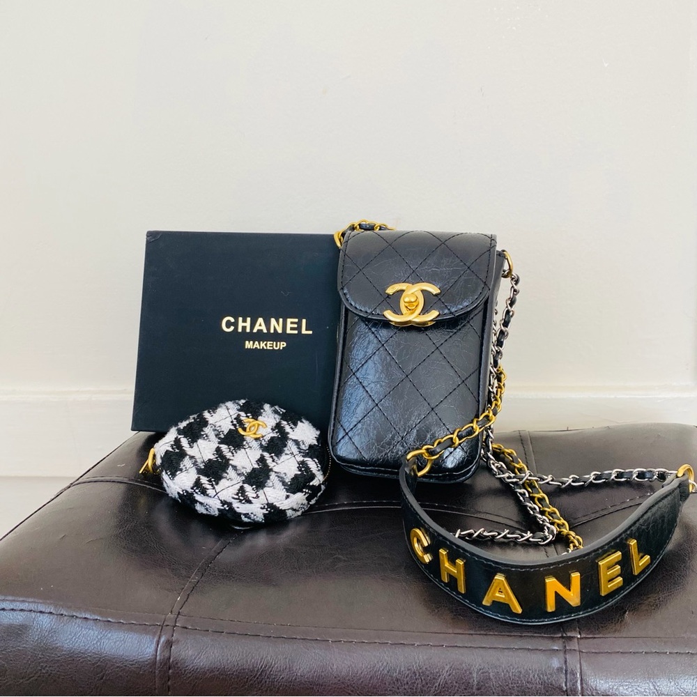 Brand New Chanel Makeup Trio Set Black Shoulder Bag with Tweed Coin Pouch